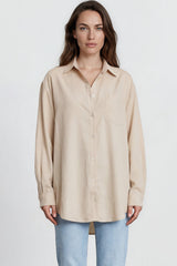 Model wearing Lopez Shirt in Beige from Salty Crush