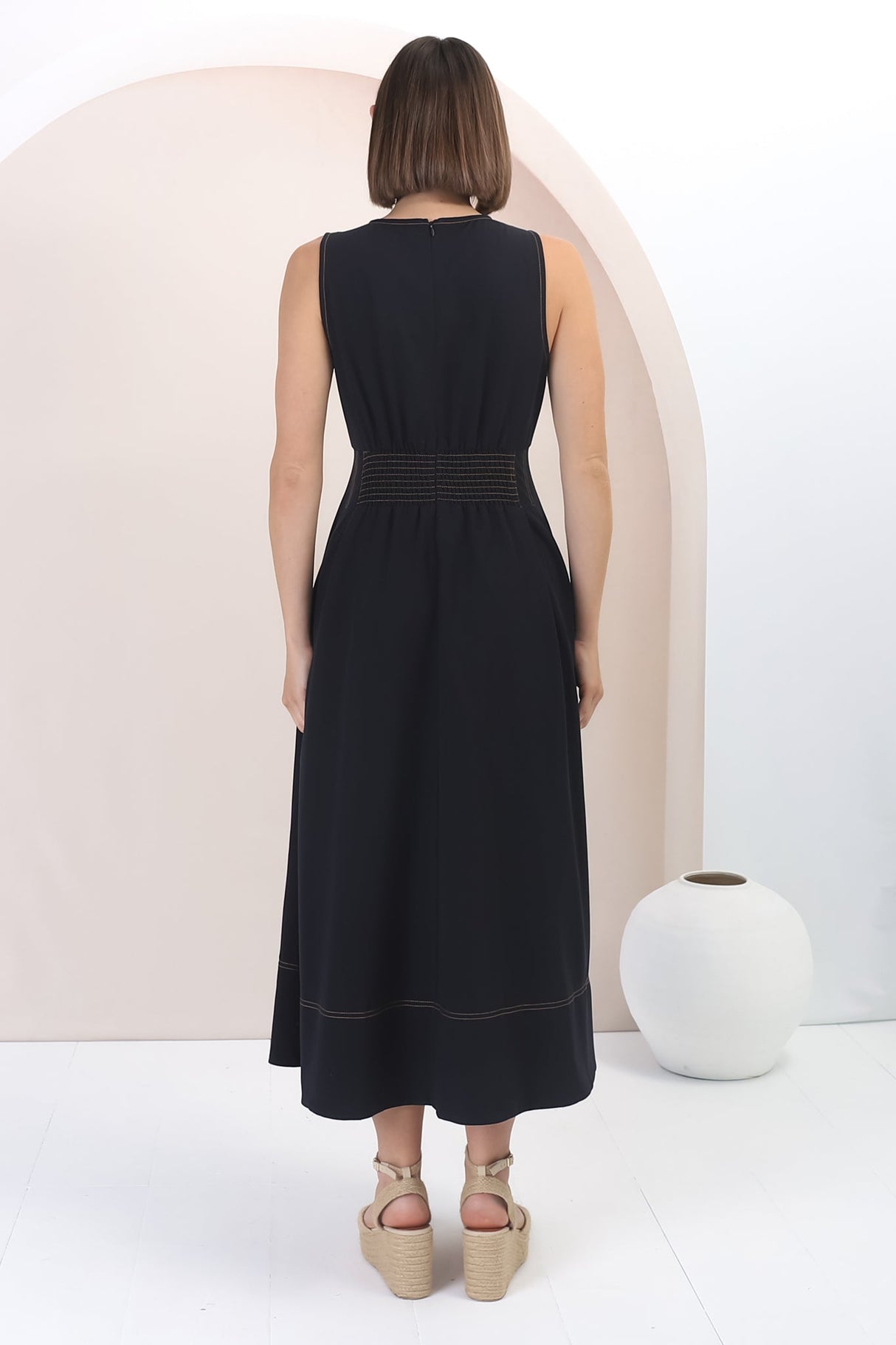 Lora Midi Dress - Sleeveless Detailed Waist Line Dress in Navy