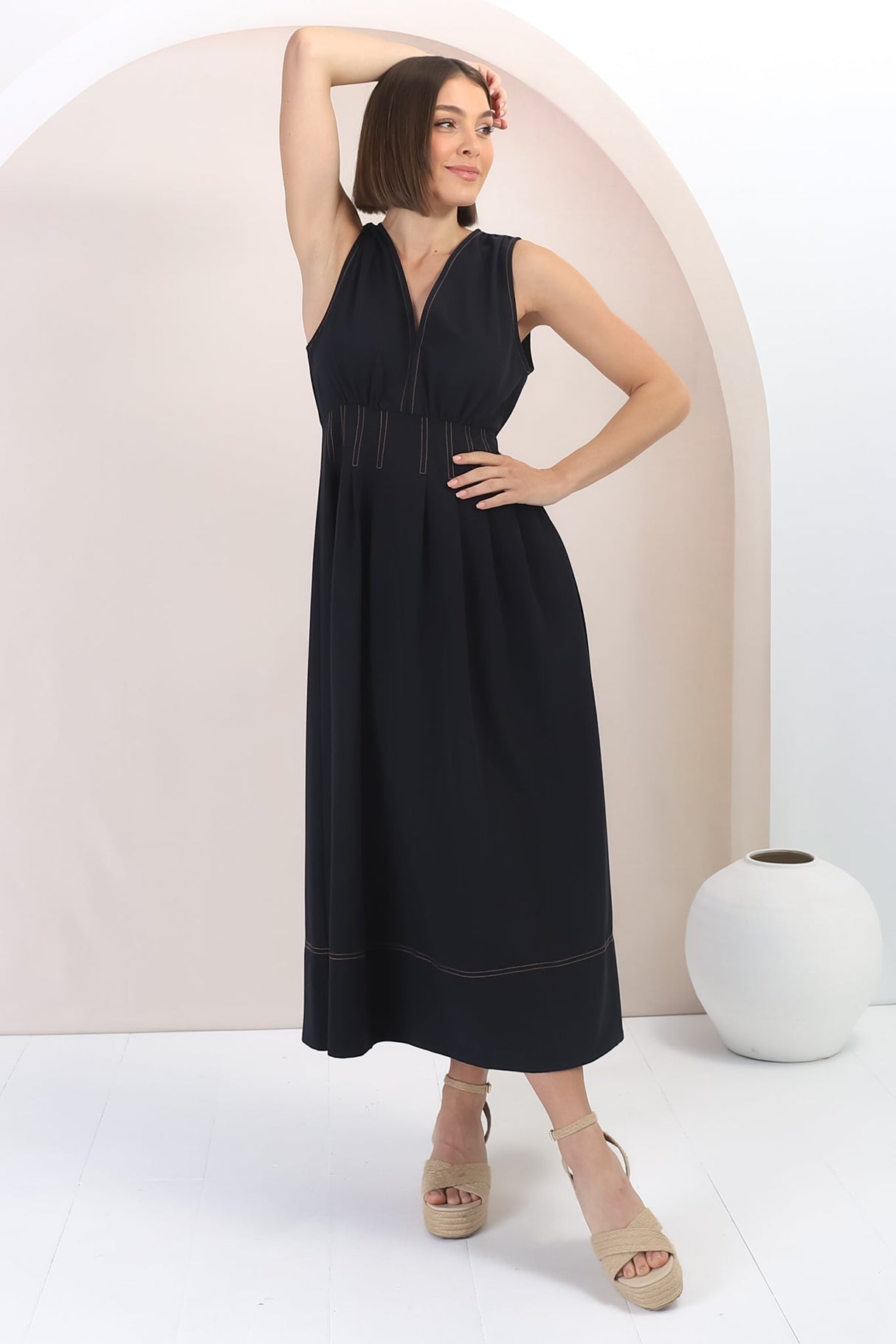 Lora Midi Dress - Sleeveless Detailed Waist Line Dress in Navy