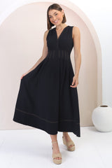 Lora Midi Dress - Sleeveless Detailed Waist Line Dress in Navy