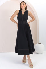 Lora Midi Dress - Sleeveless Detailed Waist Line Dress in Navy