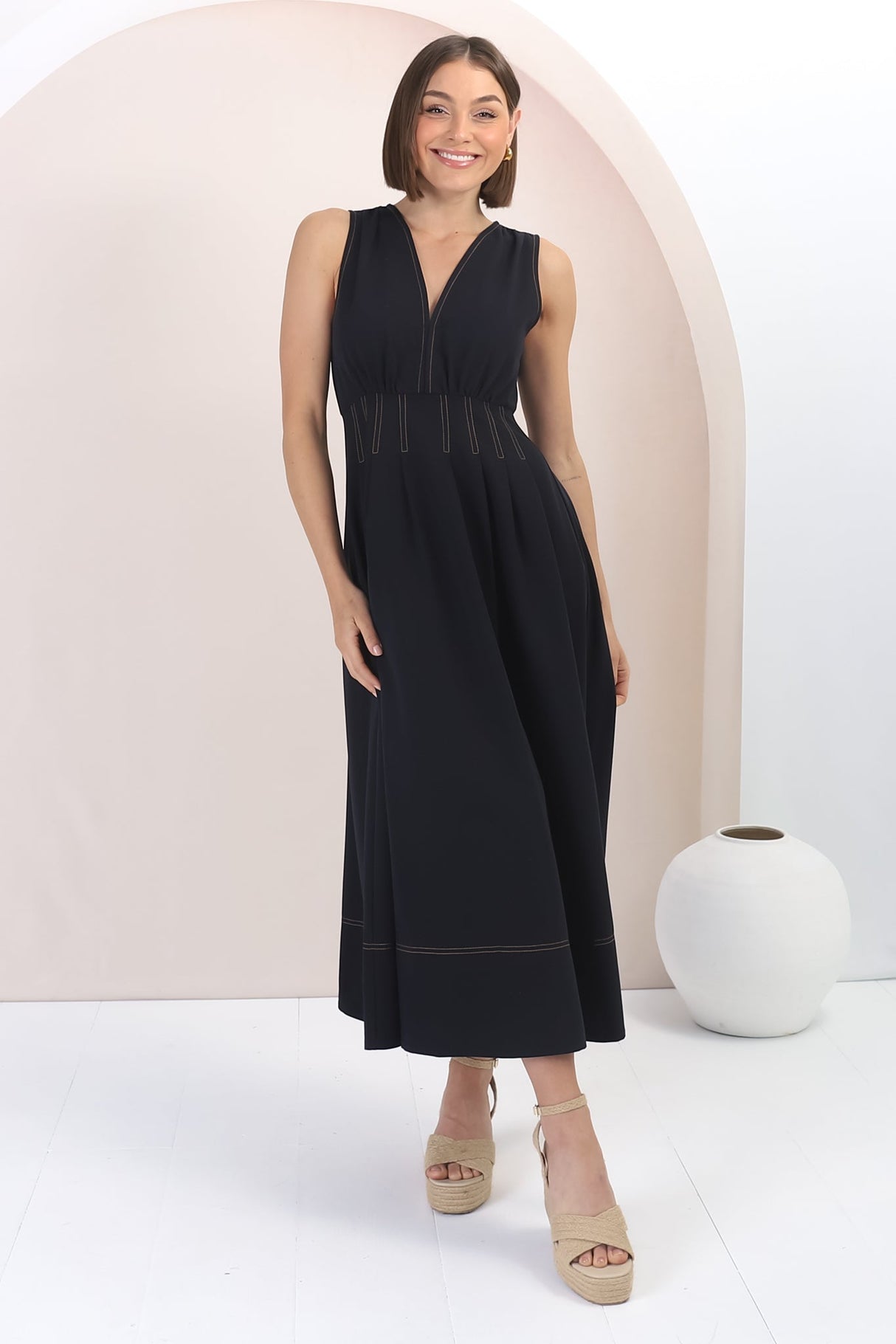 Lora Midi Dress - Sleeveless Detailed Waist Line Dress in Navy