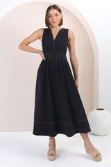 Lora Midi Dress - Sleeveless Detailed Waist Line Dress in Navy