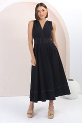 Lora Midi Dress - Sleeveless Detailed Waist Line Dress in Navy