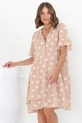 Loraine Mini Dress - Button Down Smock Dress with Asymmetric Overlay in Mahony Print Beige