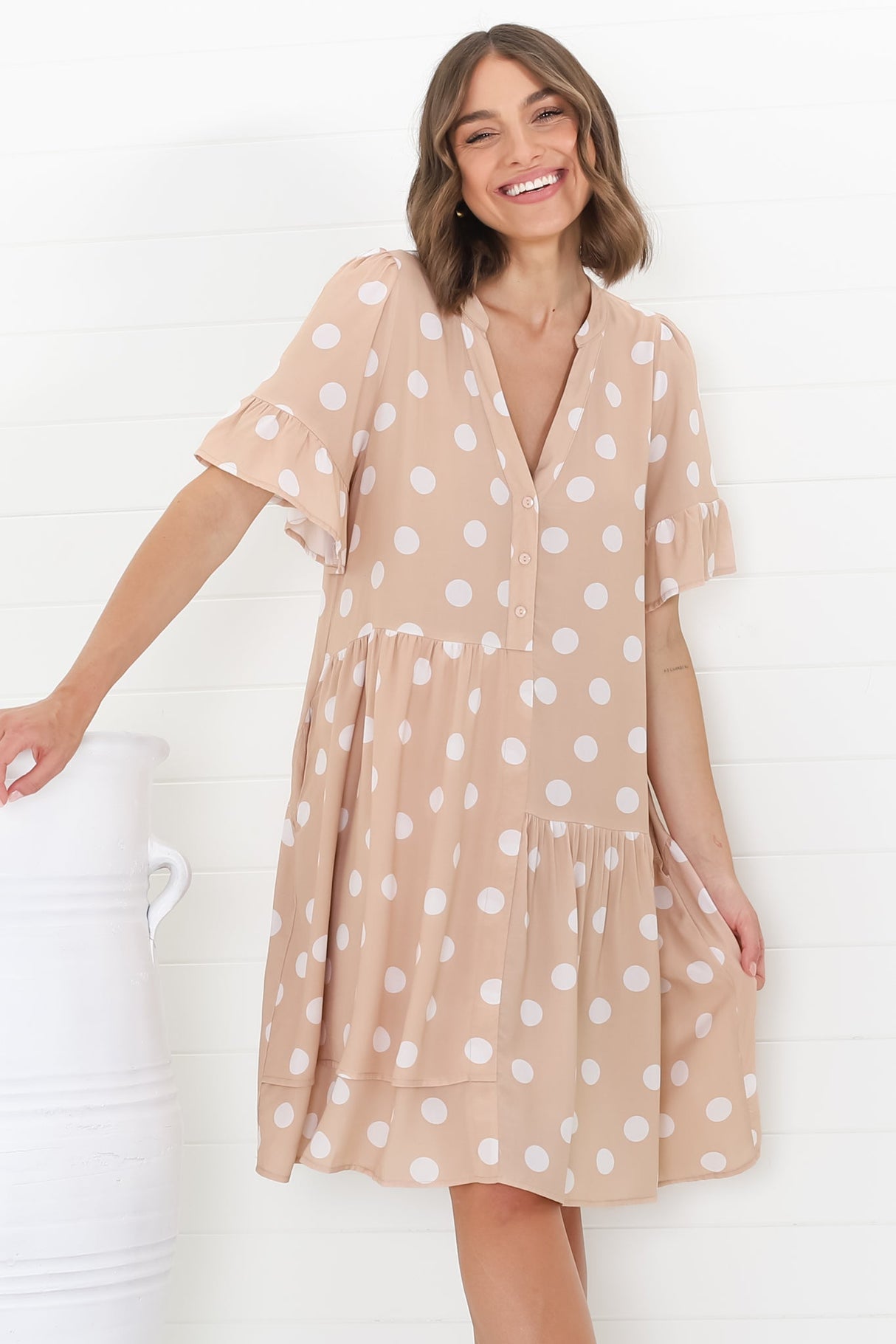 Loraine Mini Dress - Button Down Smock Dress with Asymmetric Overlay in Mahony Print Beige