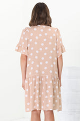 Loraine Mini Dress - Button Down Smock Dress with Asymmetric Overlay in Mahony Print Beige