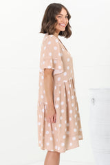 Loraine Mini Dress - Button Down Smock Dress with Asymmetric Overlay in Mahony Print Beige