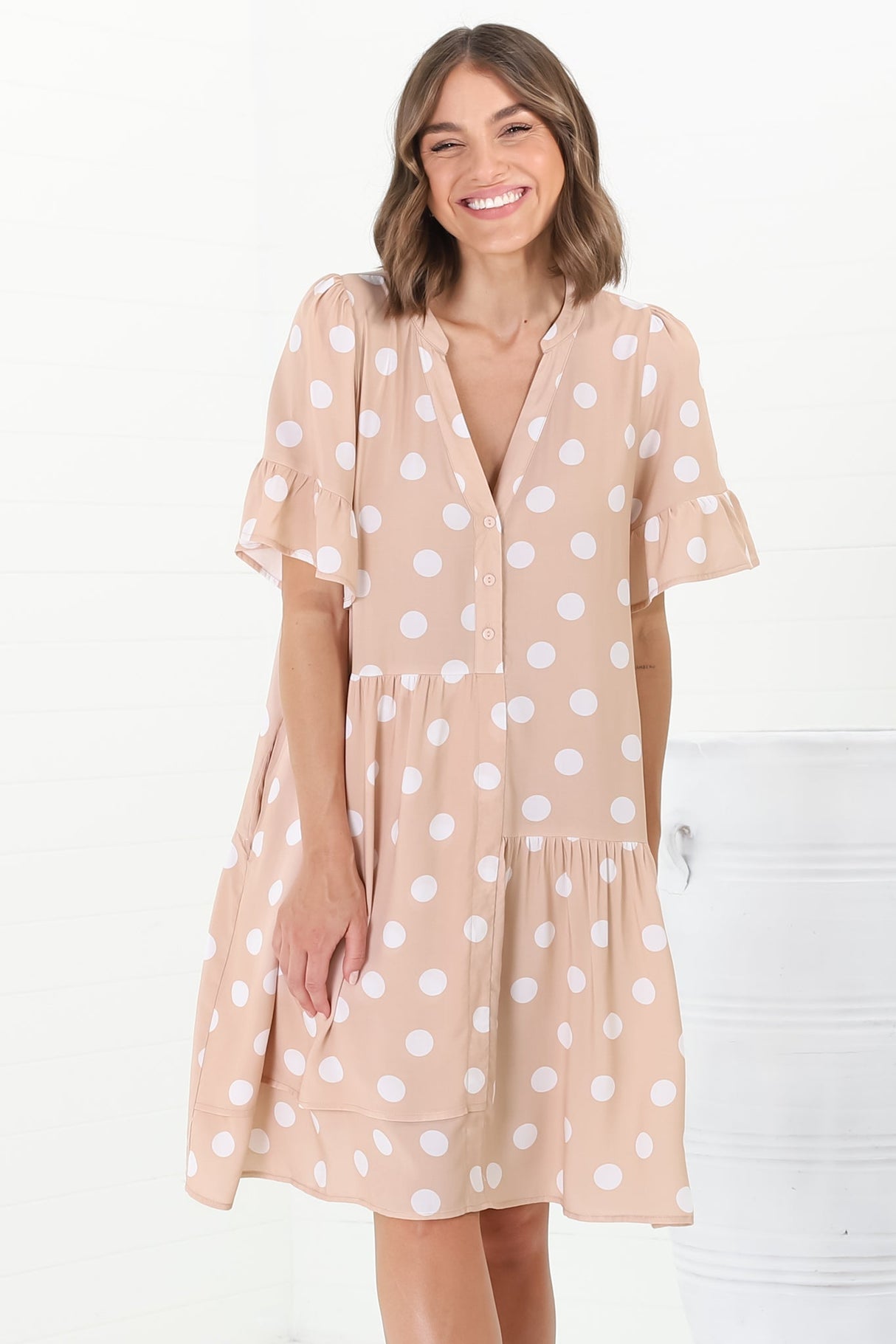 Loraine Mini Dress - Button Down Smock Dress with Asymmetric Overlay in Mahony Print Beige