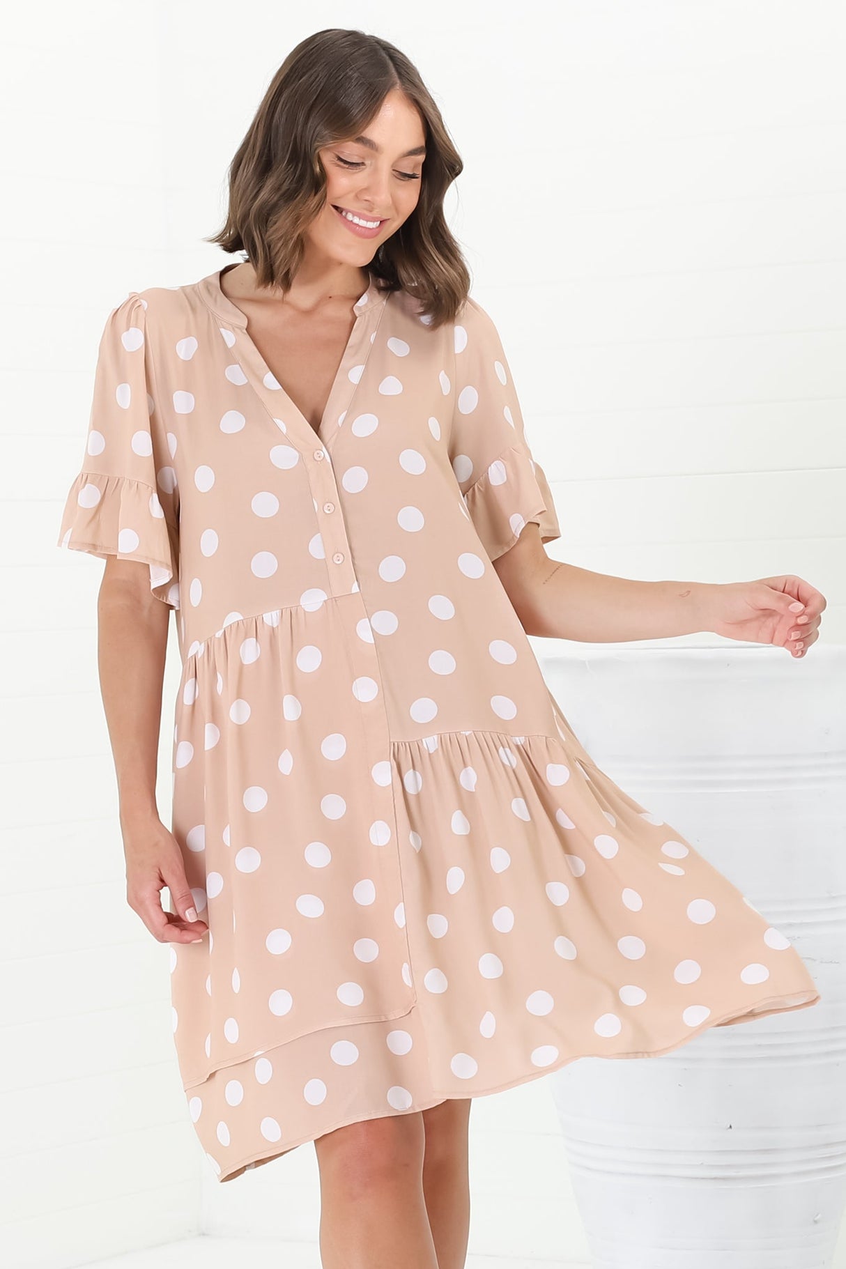 Loraine Mini Dress - Button Down Smock Dress with Asymmetric Overlay in Mahony Print Beige