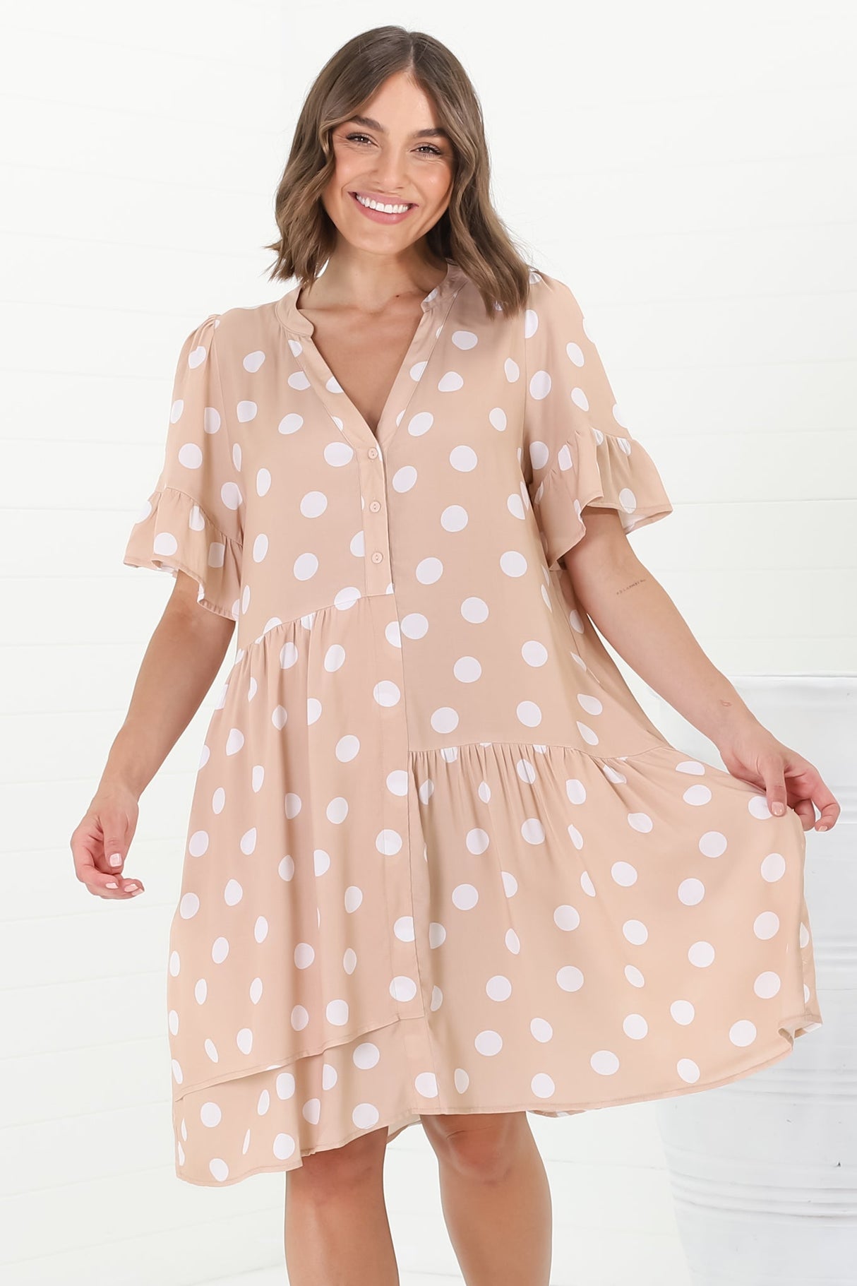 Loraine Mini Dress - Button Down Smock Dress with Asymmetric Overlay in Mahony Print Beige