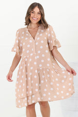 Loraine Mini Dress - Button Down Smock Dress with Asymmetric Overlay in Mahony Print Beige