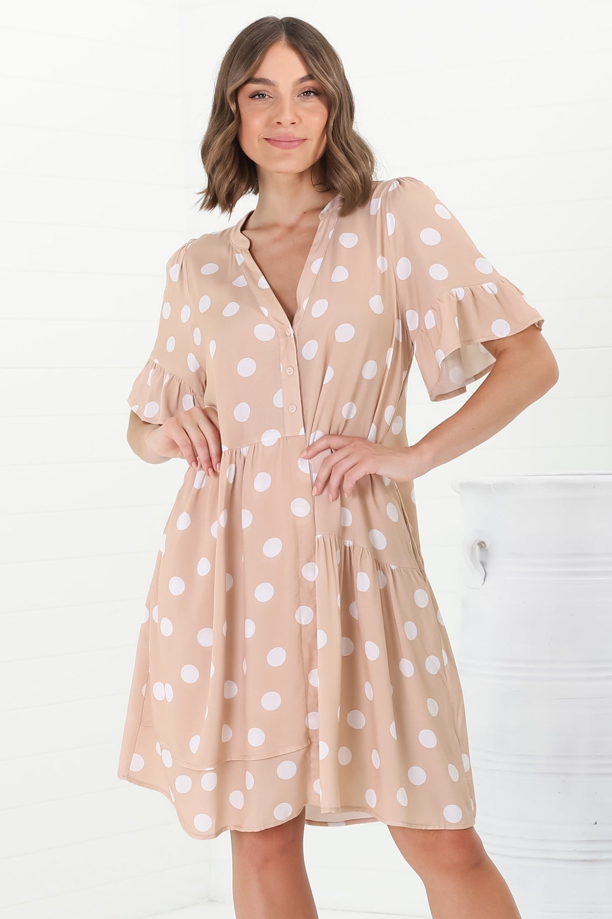 Loraine Mini Dress - Button Down Smock Dress with Asymmetric Overlay in Mahony Print Beige