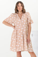 Loraine Mini Dress - Button Down Smock Dress with Asymmetric Overlay in Mahony Print Beige