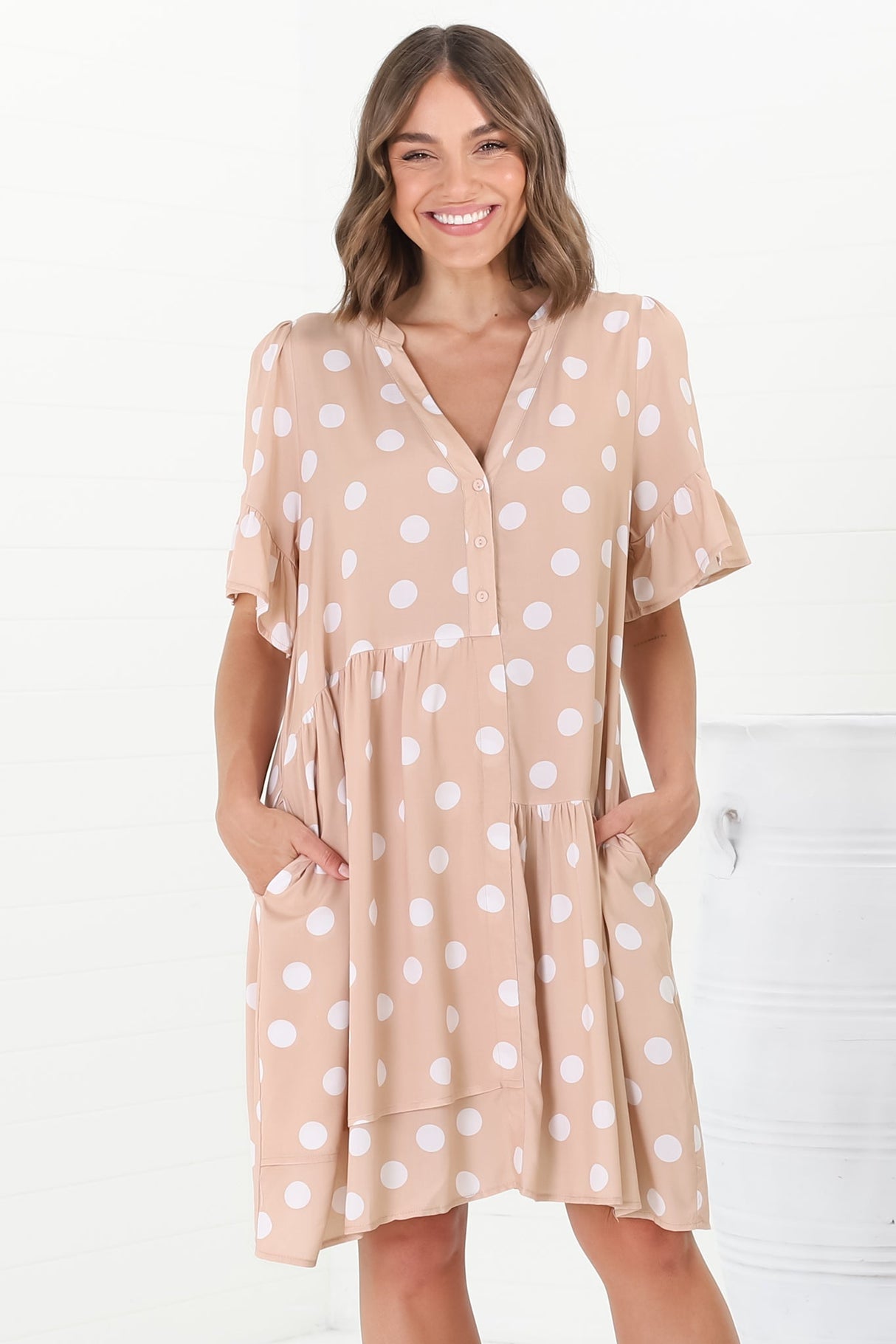 Loraine Mini Dress - Button Down Smock Dress with Asymmetric Overlay in Mahony Print Beige