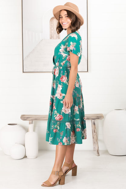 Lore Midi Dress - Cross Over Bodice Tiered Skirt with Crochet Splicing in Louise Print