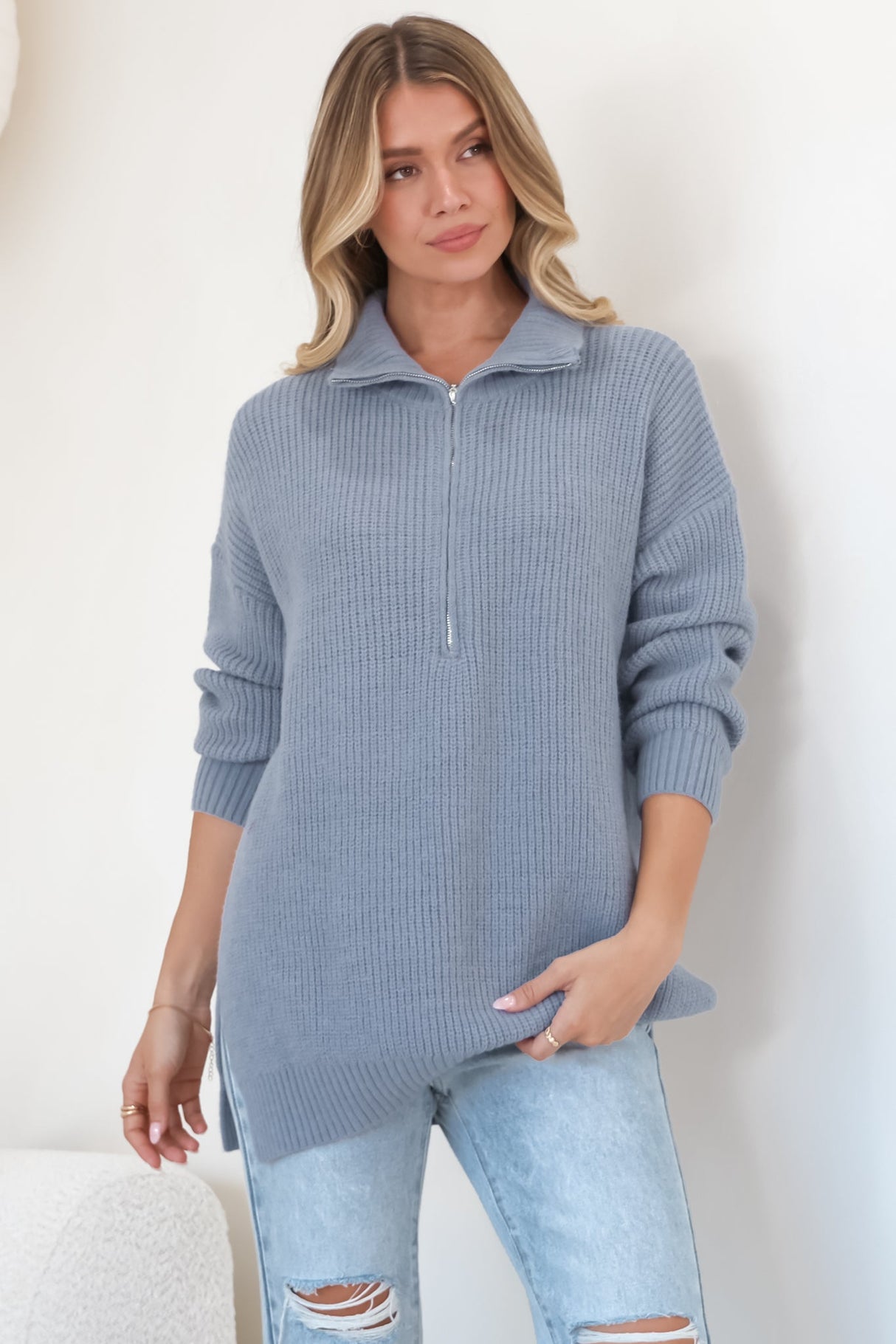 Lorelai Jumper - Chunky Collar with Zipper Detail Long Knit Jumper in Blue