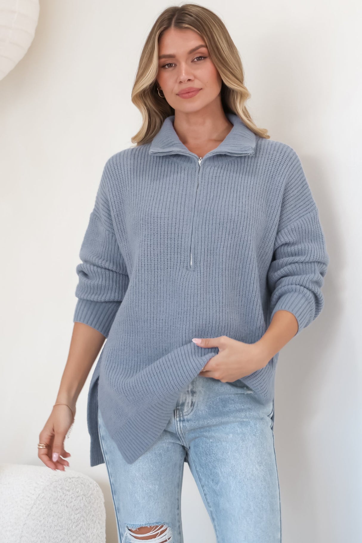 Lorelai Jumper - Chunky Collar with Zipper Detail Long Knit Jumper in Blue