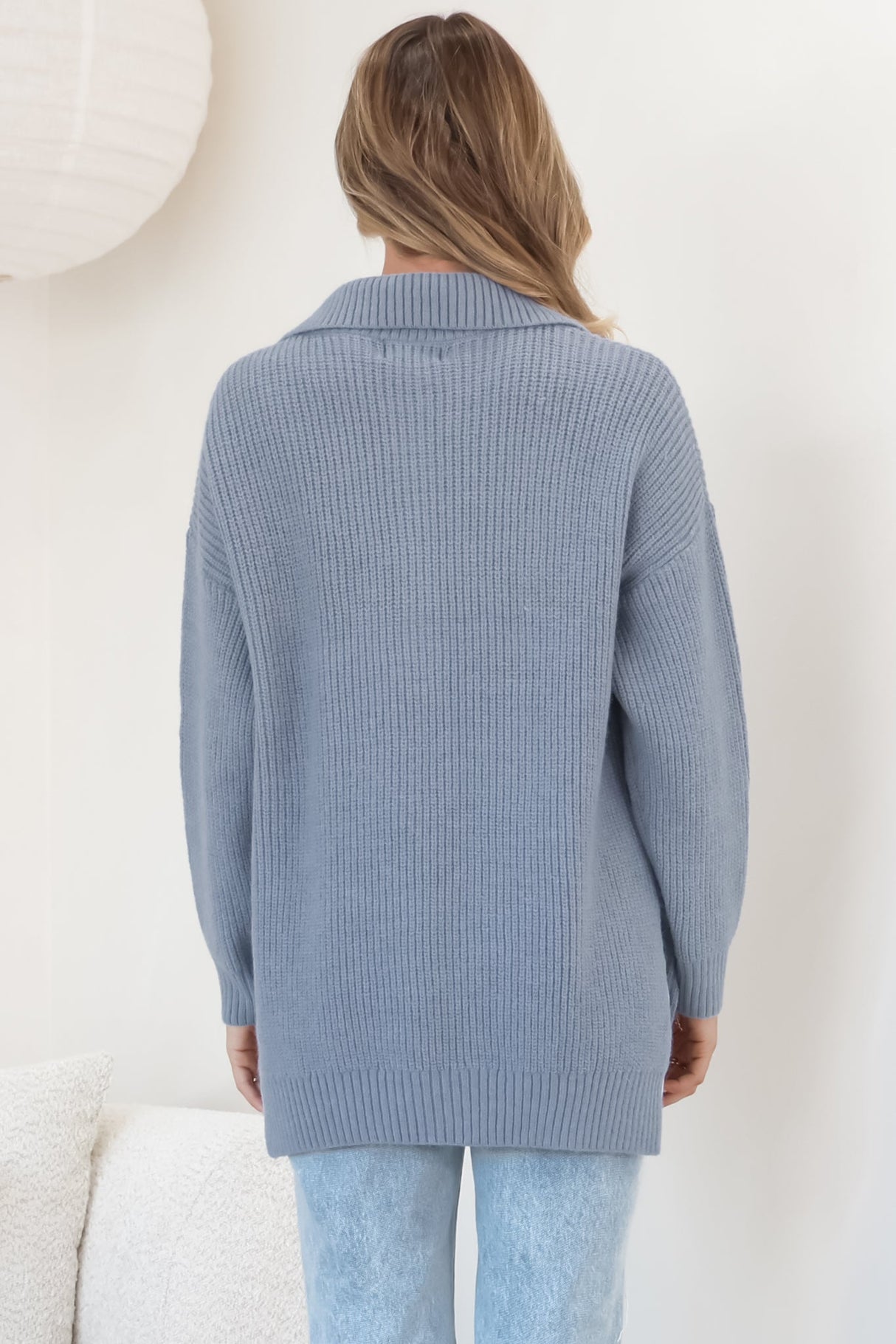 Lorelai Jumper - Chunky Collar with Zipper Detail Long Knit Jumper in Blue