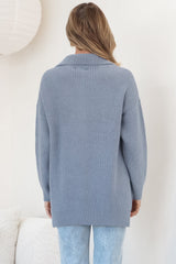 Lorelai Jumper - Chunky Collar with Zipper Detail Long Knit Jumper in Blue