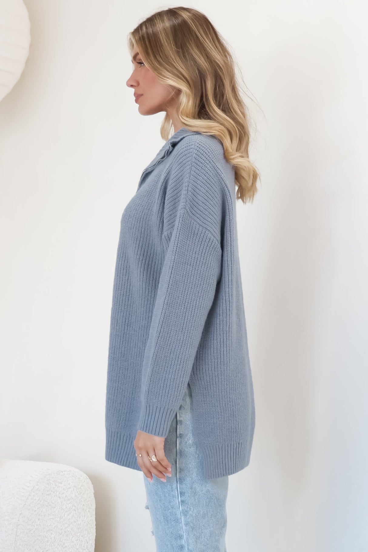 Lorelai Jumper - Chunky Collar with Zipper Detail Long Knit Jumper in Blue