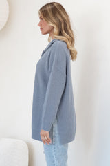 Lorelai Jumper - Chunky Collar with Zipper Detail Long Knit Jumper in Blue