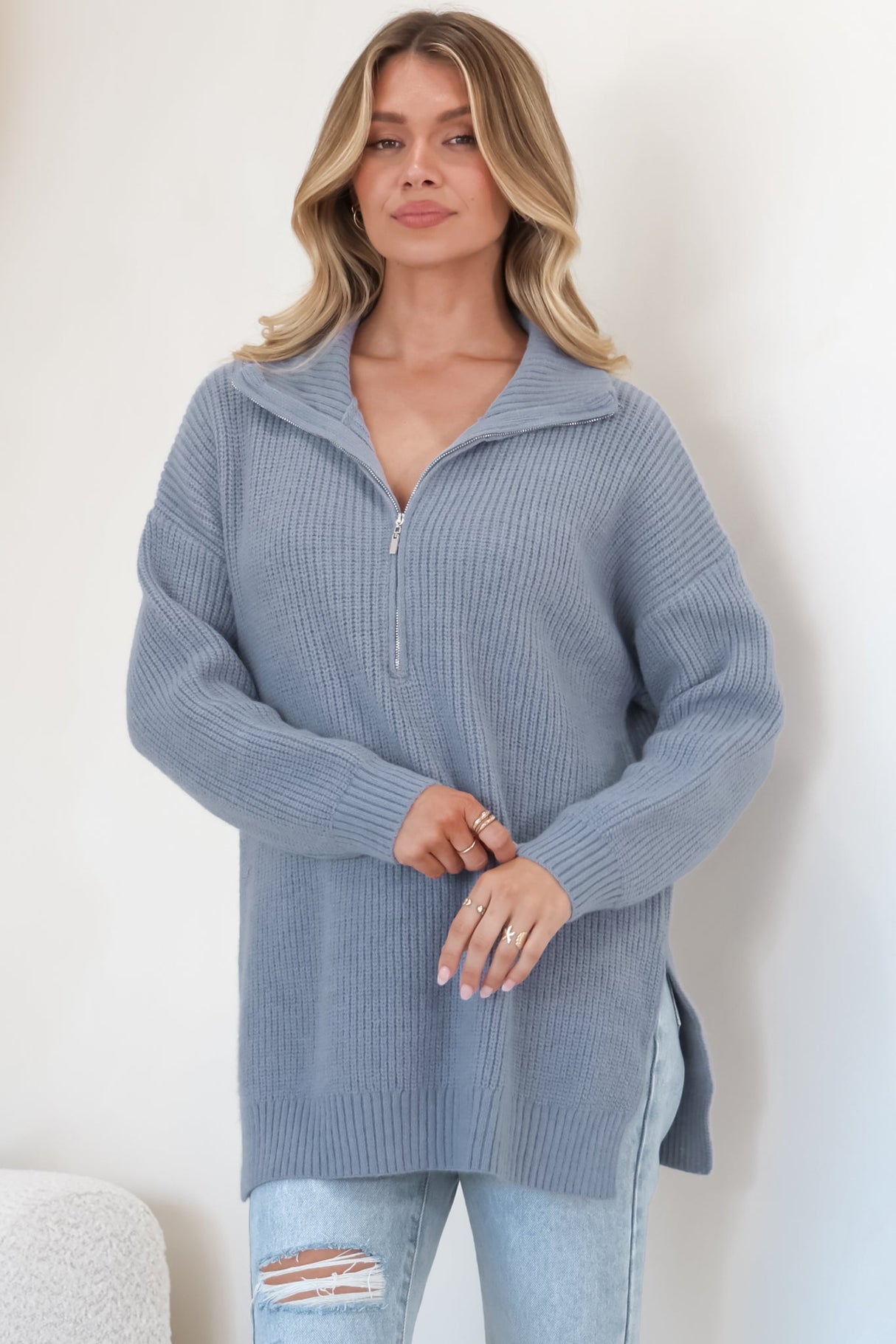 Lorelai Jumper - Chunky Collar with Zipper Detail Long Knit Jumper in Blue