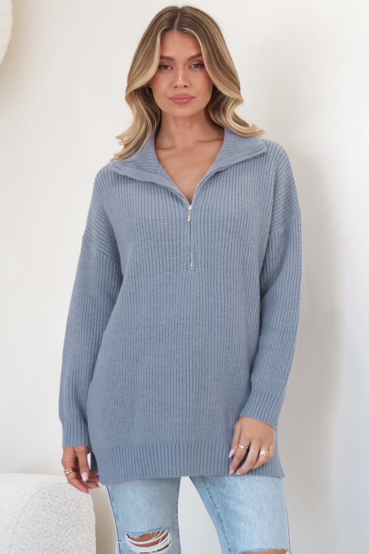Lorelai Jumper - Chunky Collar with Zipper Detail Long Knit Jumper in Blue