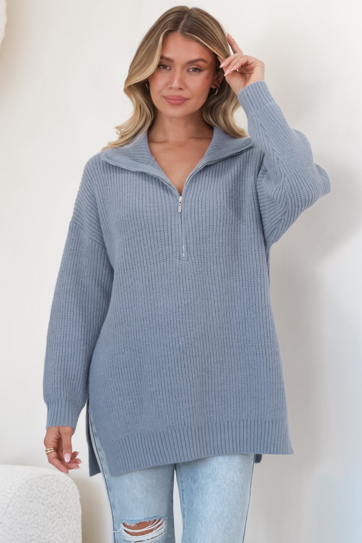 Lorelai Jumper - Chunky Collar with Zipper Detail Long Knit Jumper in Blue
