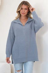 Lorelai Jumper - Chunky Collar with Zipper Detail Long Knit Jumper in Blue