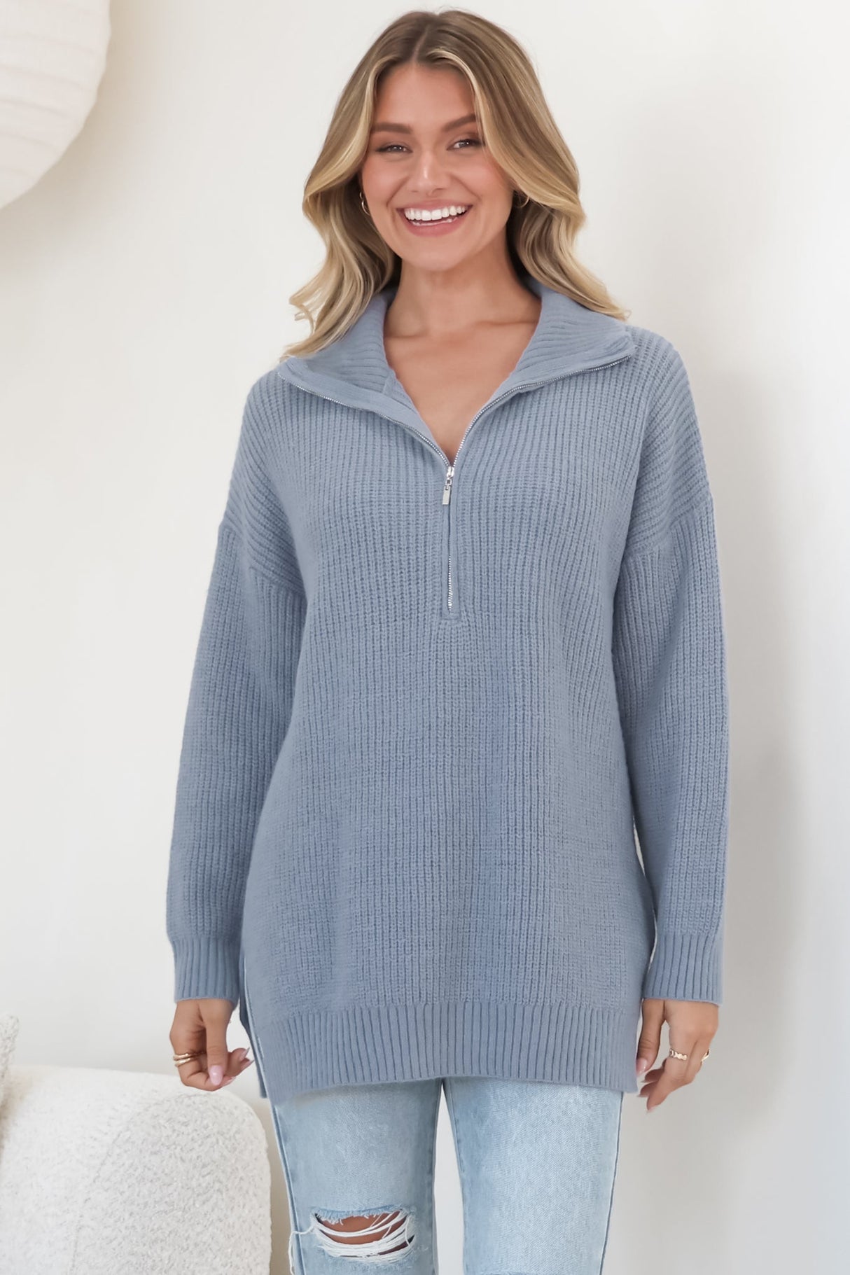 Lorelai Jumper - Chunky Collar with Zipper Detail Long Knit Jumper in Blue