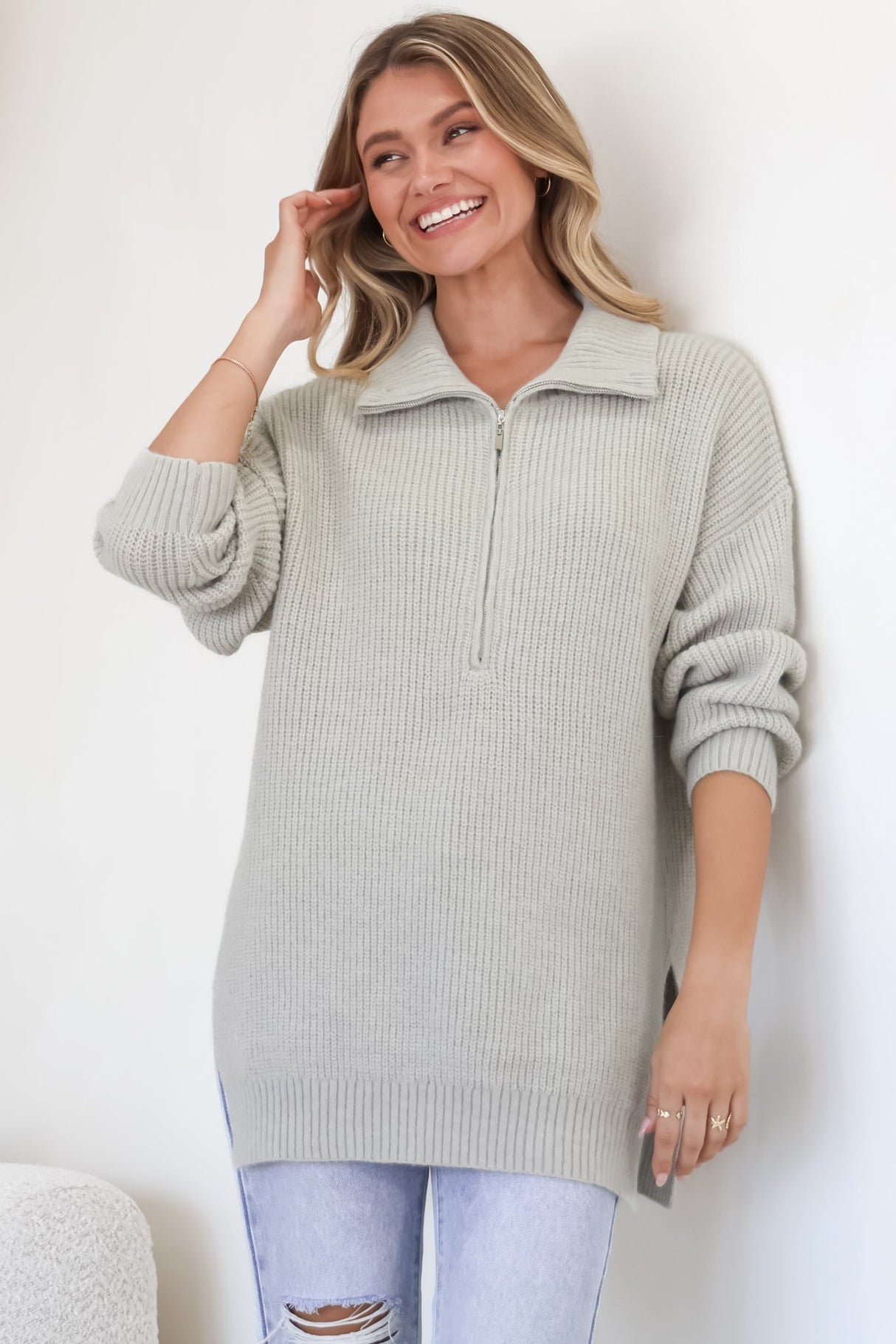 Lorelai Jumper - Chunky Collar with Zipper Detail Long Knit Jumper in Grey