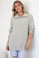 Lorelai Jumper - Chunky Collar with Zipper Detail Long Knit Jumper in Grey