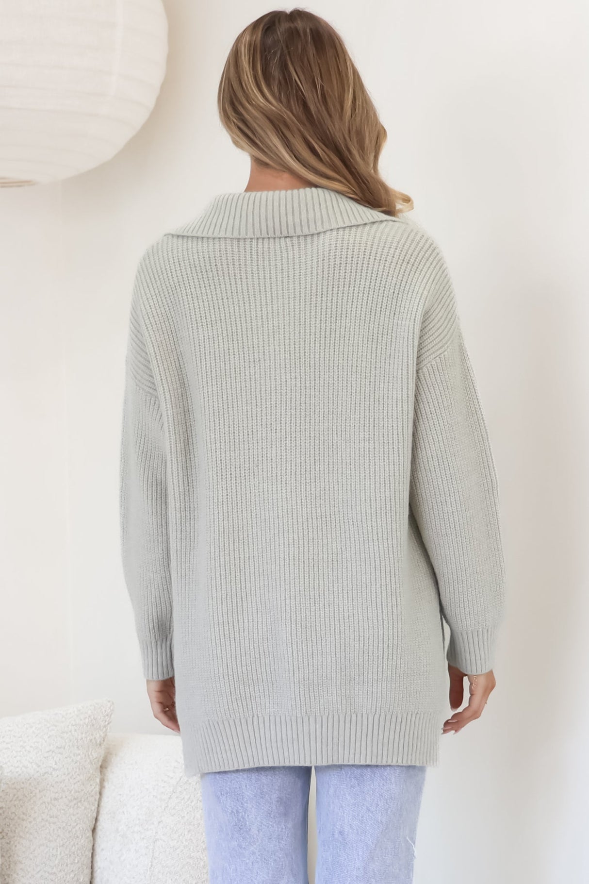 Lorelai Jumper - Chunky Collar with Zipper Detail Long Knit Jumper in Grey
