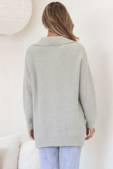 Lorelai Jumper - Chunky Collar with Zipper Detail Long Knit Jumper in Grey