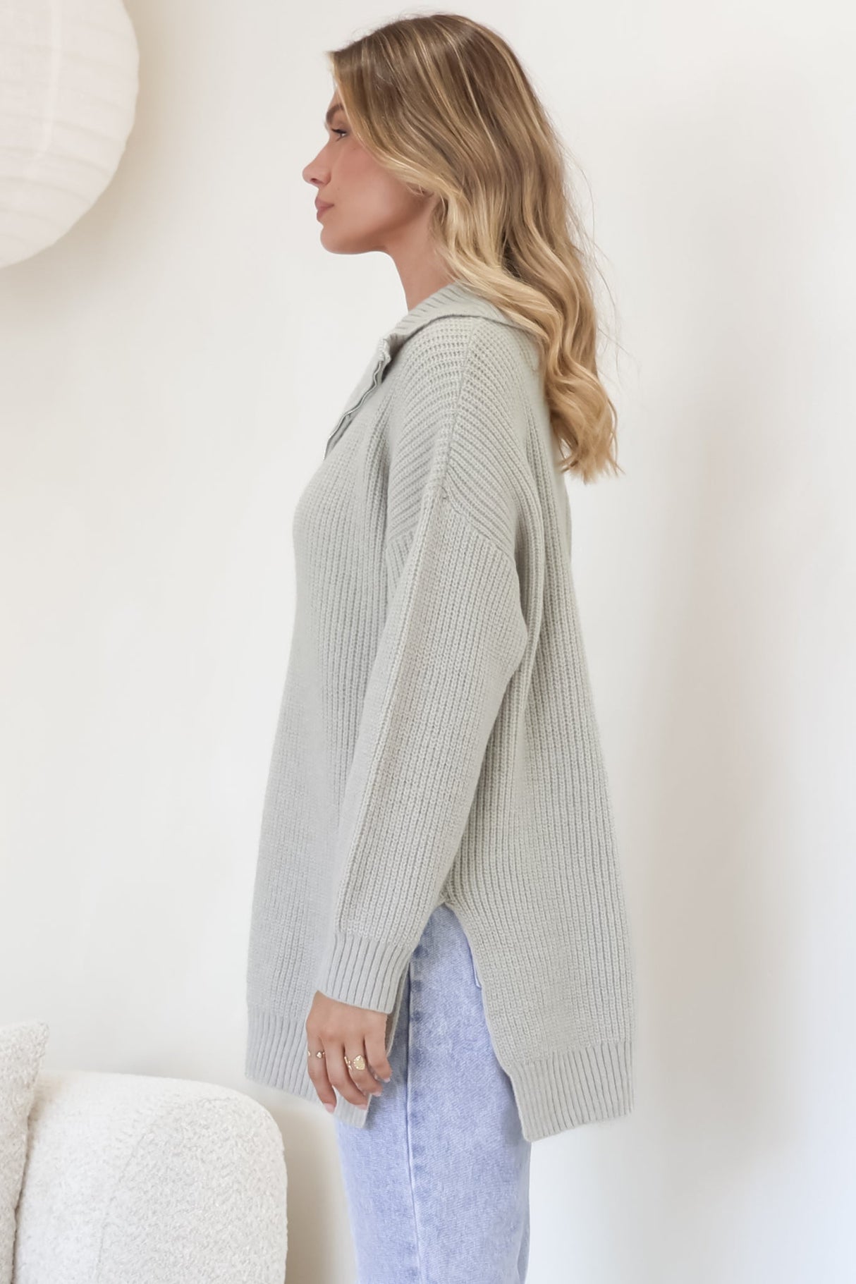 Lorelai Jumper - Chunky Collar with Zipper Detail Long Knit Jumper in Grey