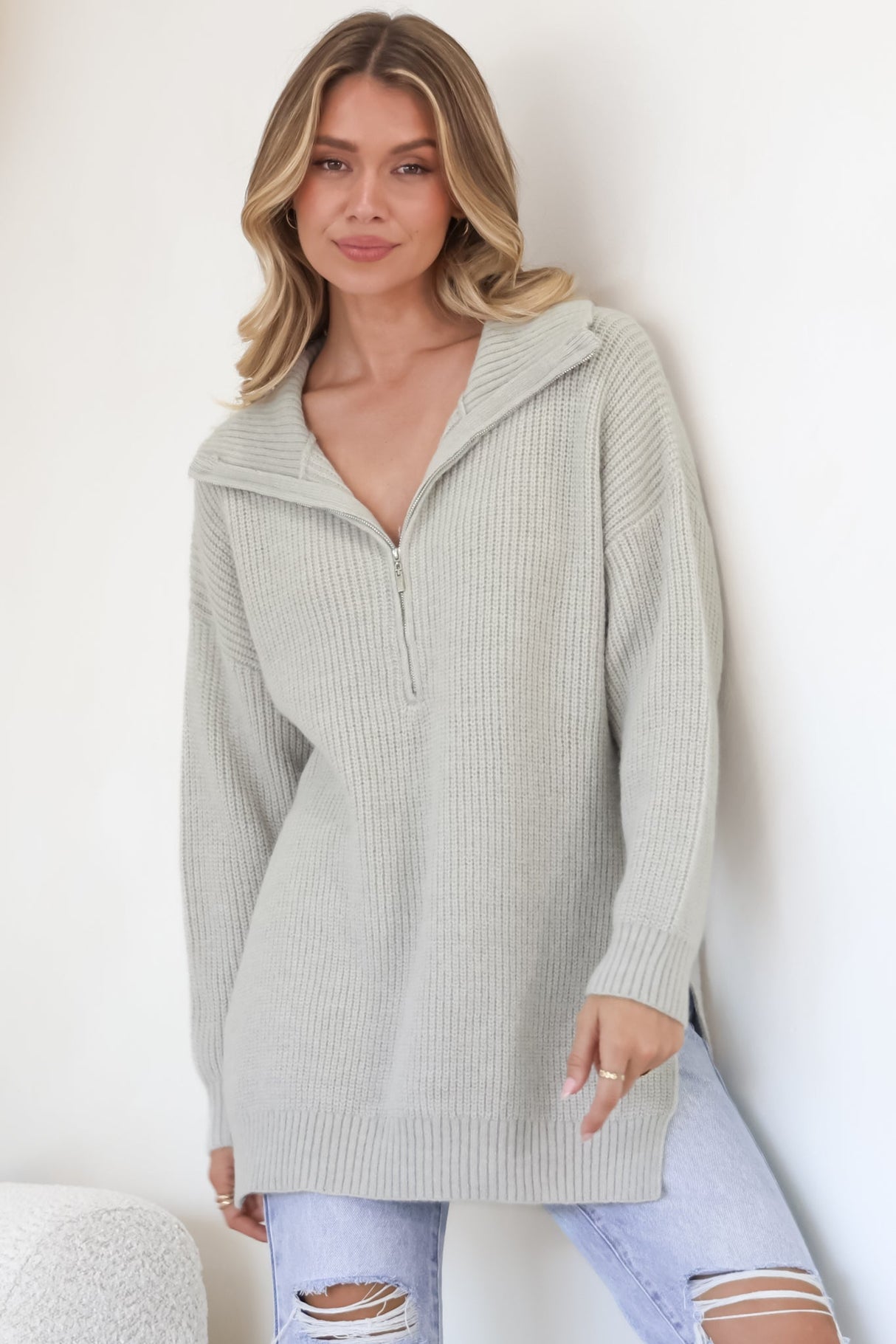 Lorelai Jumper - Chunky Collar with Zipper Detail Long Knit Jumper in Grey