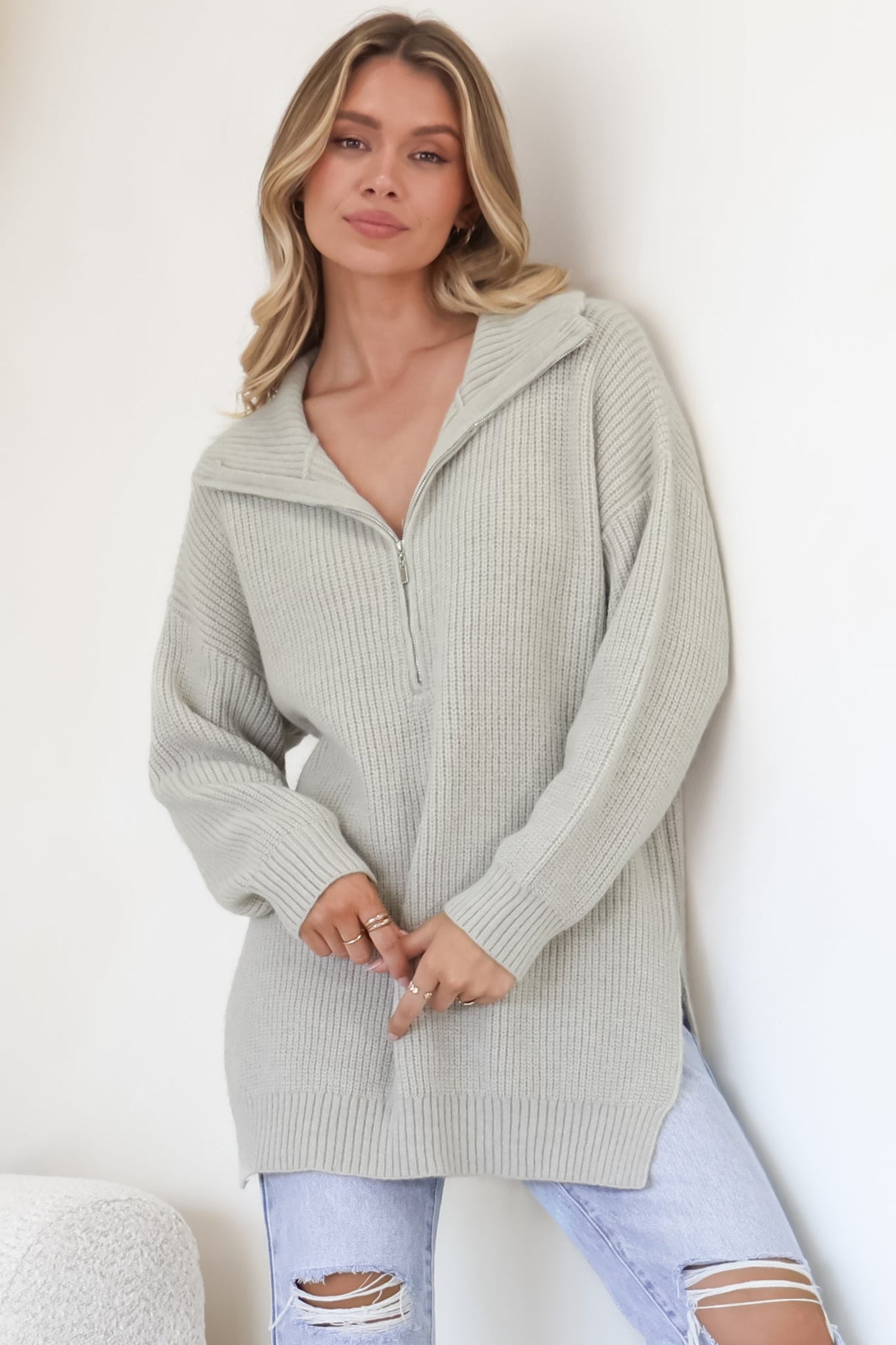 Lorelai Jumper - Chunky Collar with Zipper Detail Long Knit Jumper in Grey