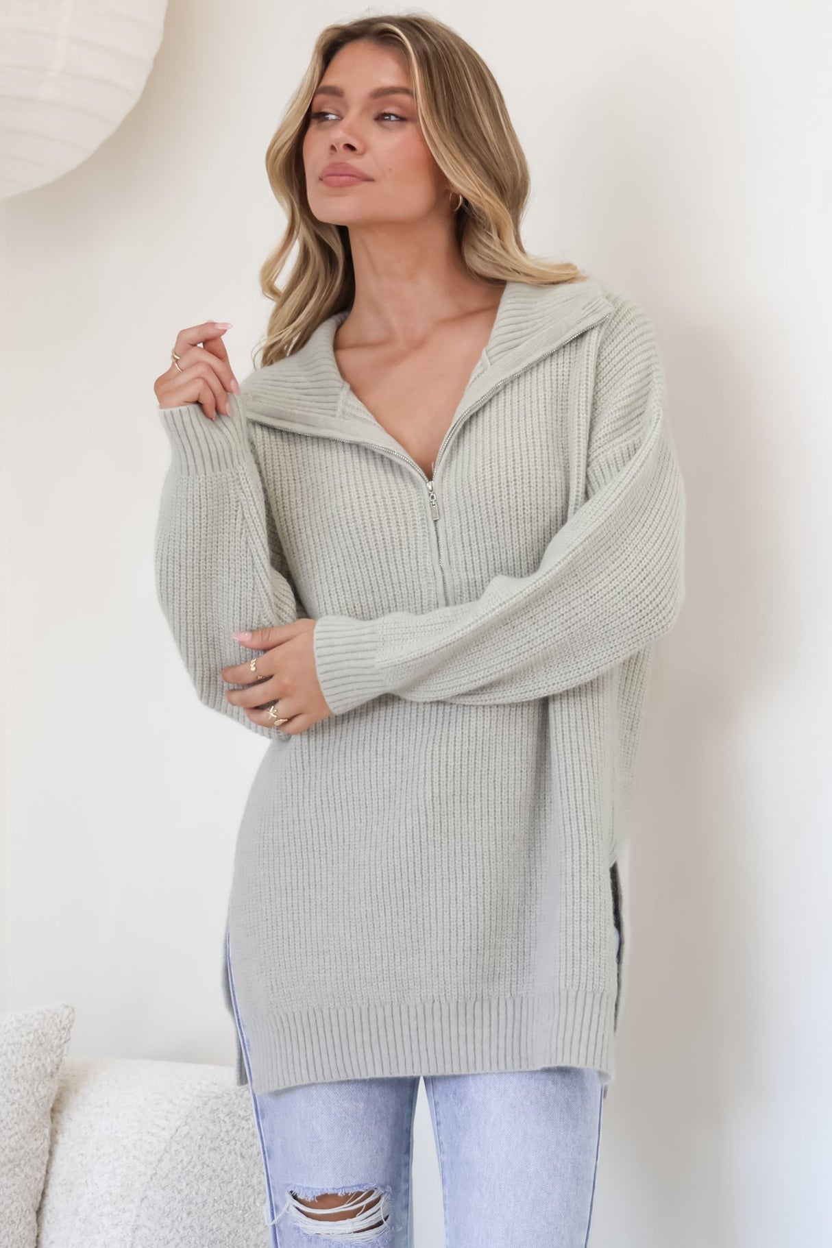 Lorelai Jumper - Chunky Collar with Zipper Detail Long Knit Jumper in Grey