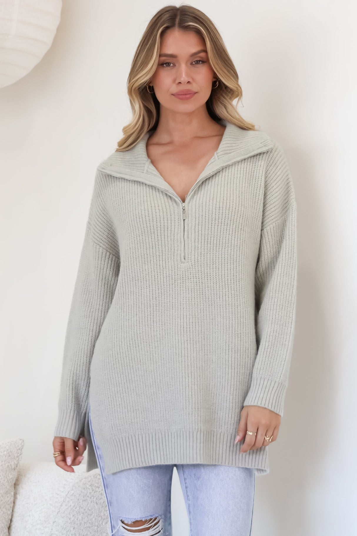 Lorelai Jumper - Chunky Collar with Zipper Detail Long Knit Jumper in Grey