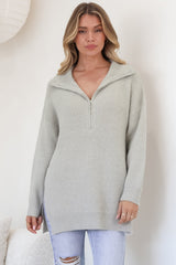 Lorelai Jumper - Chunky Collar with Zipper Detail Long Knit Jumper in Grey