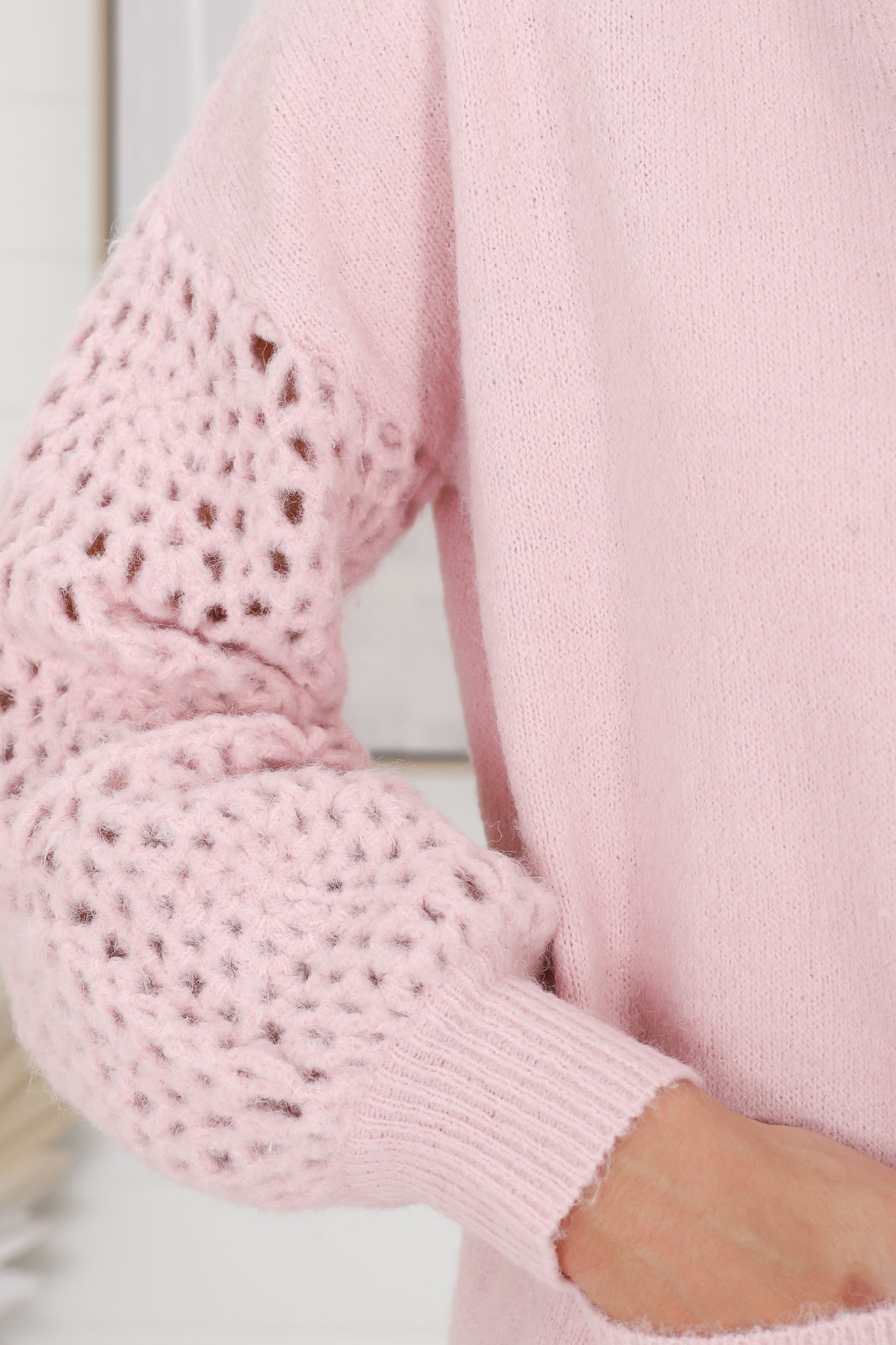 Lorena Cardigan - Holey Knit Sleeve Cardigan in Pink