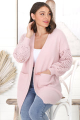 Lorena Cardigan - Holey Knit Sleeve Cardigan in Pink