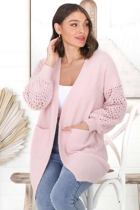 Lorena Cardigan - Holey Knit Sleeve Cardigan in Pink