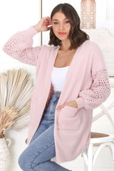 Lorena Cardigan - Holey Knit Sleeve Cardigan in Pink