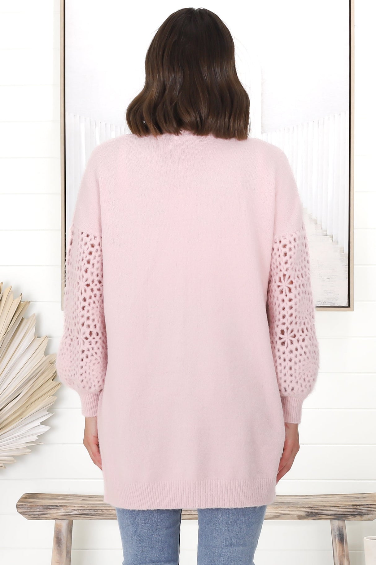 Lorena Cardigan - Holey Knit Sleeve Cardigan in Pink