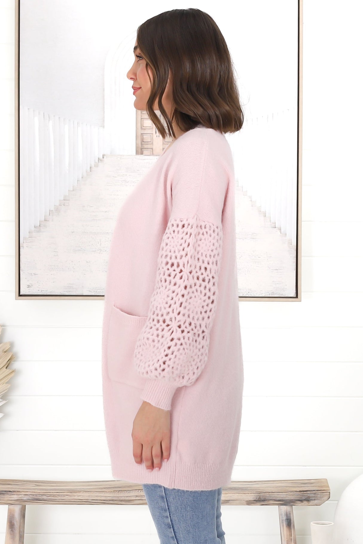 Lorena Cardigan - Holey Knit Sleeve Cardigan in Pink