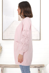 Lorena Cardigan - Holey Knit Sleeve Cardigan in Pink