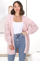 Lorena Cardigan - Holey Knit Sleeve Cardigan in Pink