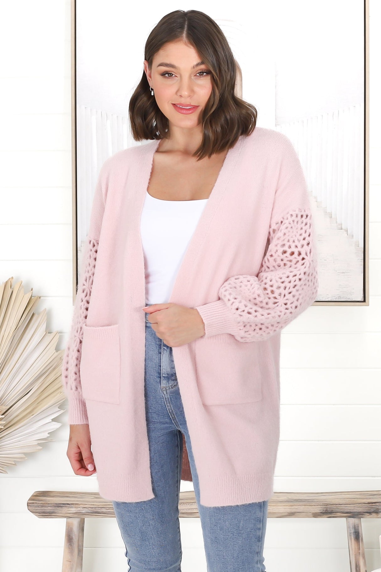 Lorena Cardigan - Holey Knit Sleeve Cardigan in Pink